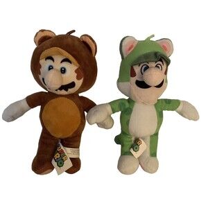 Luigi Green Cat Super Mario Raccoon 8" Plush Nintendo Good Stuff Lot of 2
